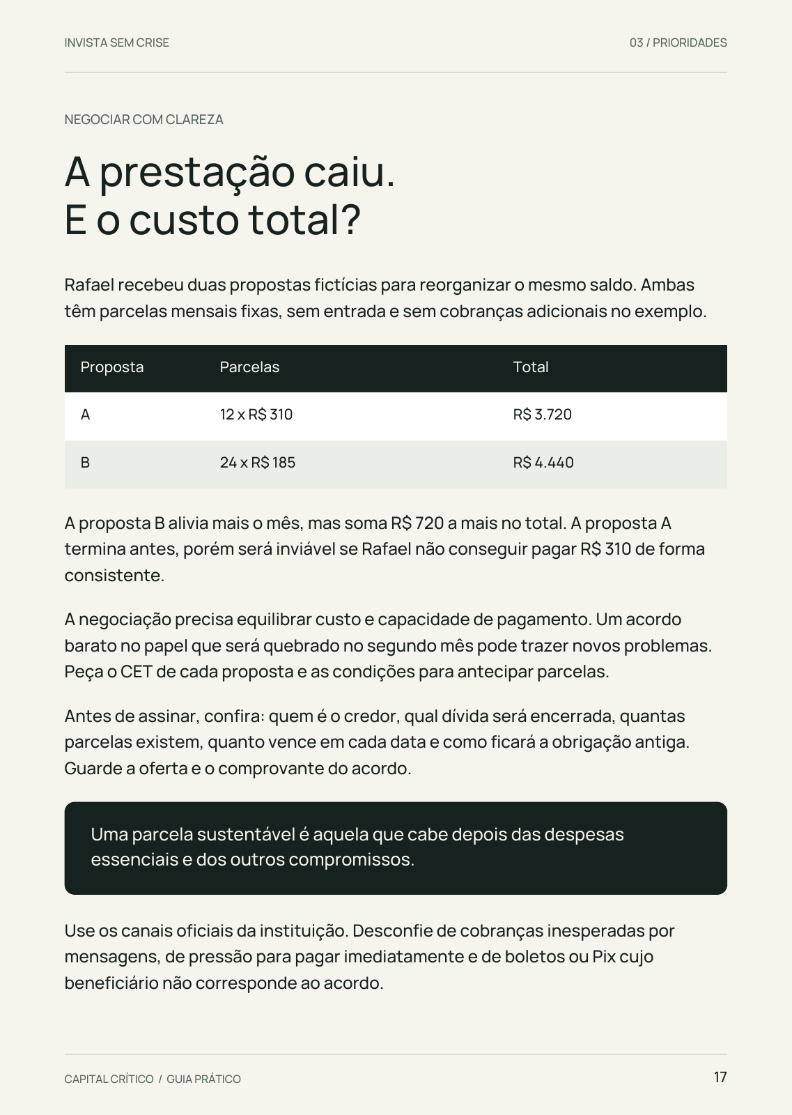 Página 17: exemplo para comparar propostas de renegociação